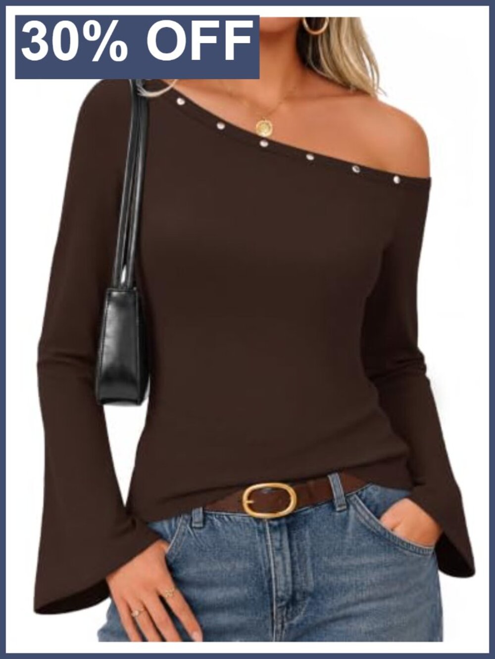 Women's Off Shoulder Bell Sleeve Top Asymmetrical Rivet Fitted Long Sleeve Tee